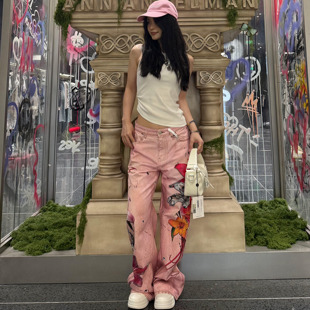 美式辣妹重工花卉印花牛仔裤女2025秋季新款设计感宽松阔腿长裤潮