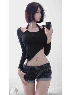 美式辣妹复古低腰卷边牛仔超短裤女夏季新款修身显瘦阔腿包臀热裤