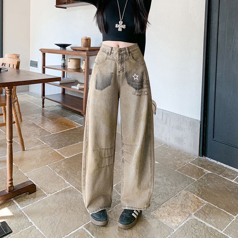 美式字母印花牛仔裤女春季高街hiphop阔腿痞帅风潮牌设计感工装裤
