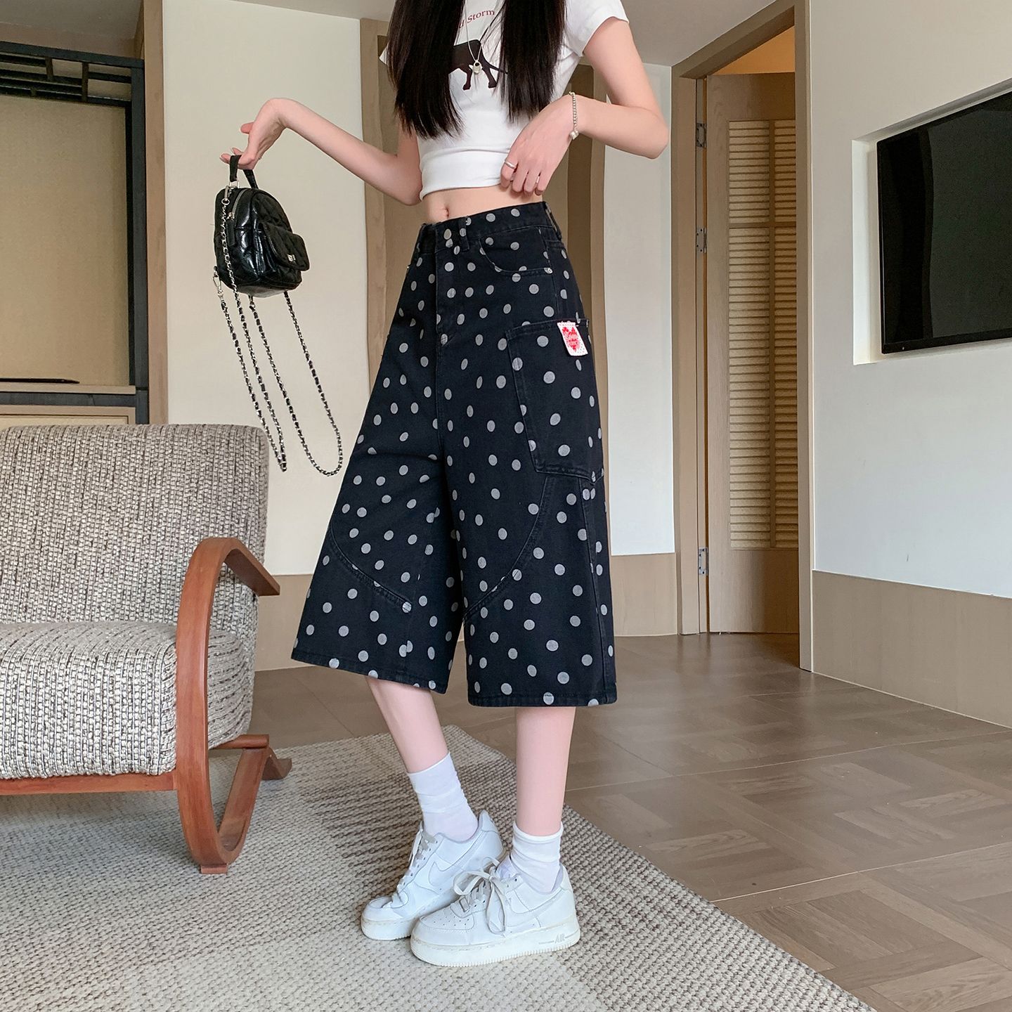 美式复古波点松弛感阔腿休闲短裤男女夏季新款百搭宽松直筒七分裤