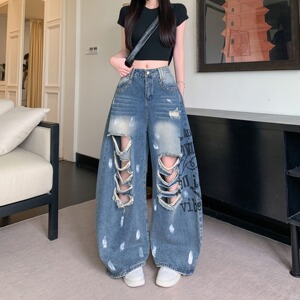 美式泼墨破洞牛仔裤女秋季设计感高街裤子辣妹穿搭个性印花阔腿裤