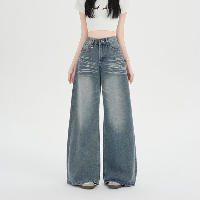 美式复古低腰阔腿牛仔裤女2026早秋新款宽松显瘦垂感弯刀拖地裤子