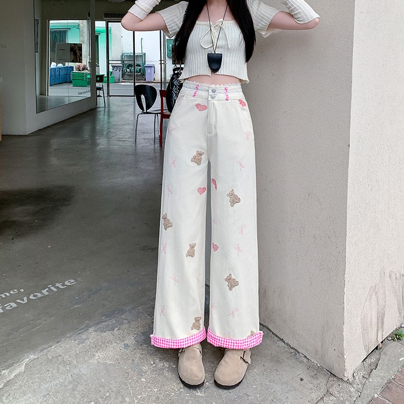 美式复古杏色小熊刺绣阔腿牛仔裤女春秋新款高腰宽松显瘦直筒长裤