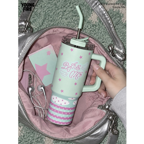 YOUNGFIRE薄荷粉星星冰霸杯Y2K保温杯女生大容量吸管车载杯子