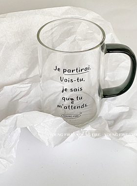 YOUNG FIRE 原创法文涂鸦玻璃马克杯黑色把手高硼硅玻璃杯咖啡杯