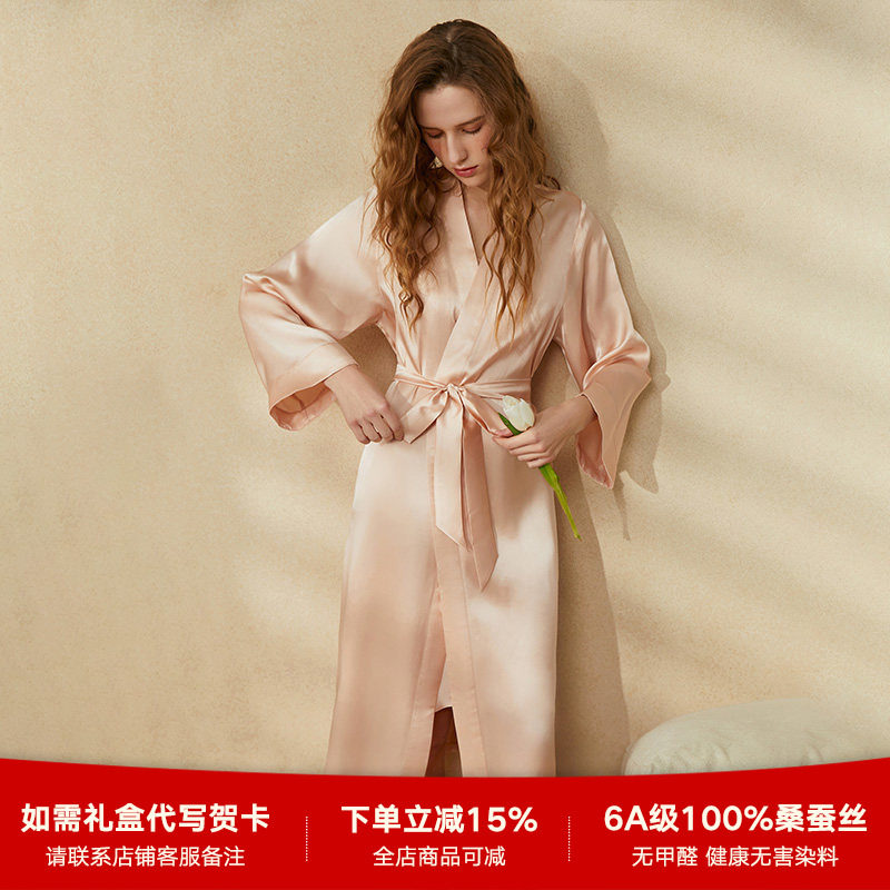 19姆米重磅真丝睡袍女夏季100%桑蚕丝睡衣长款晨袍家居服可外穿女