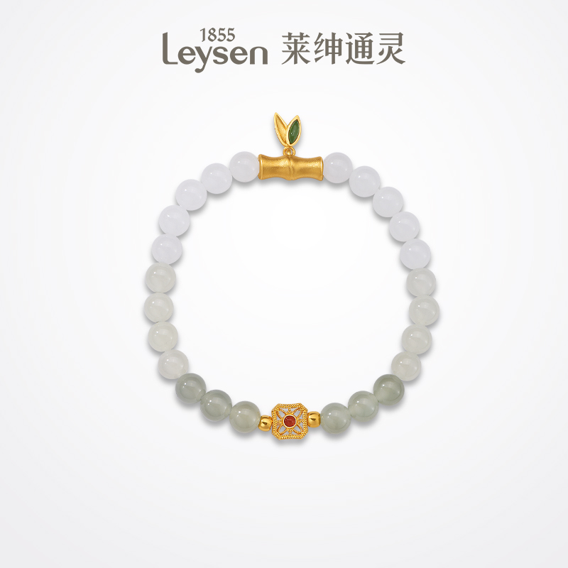 莱绅通灵珠宝 金竹报喜 足金黄金和田玉手链手串串珠