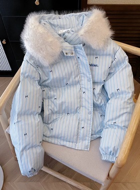 BuPaiDui美式设计感蝴蝶结毛领棉服女冬季甜美风加厚保暖外套