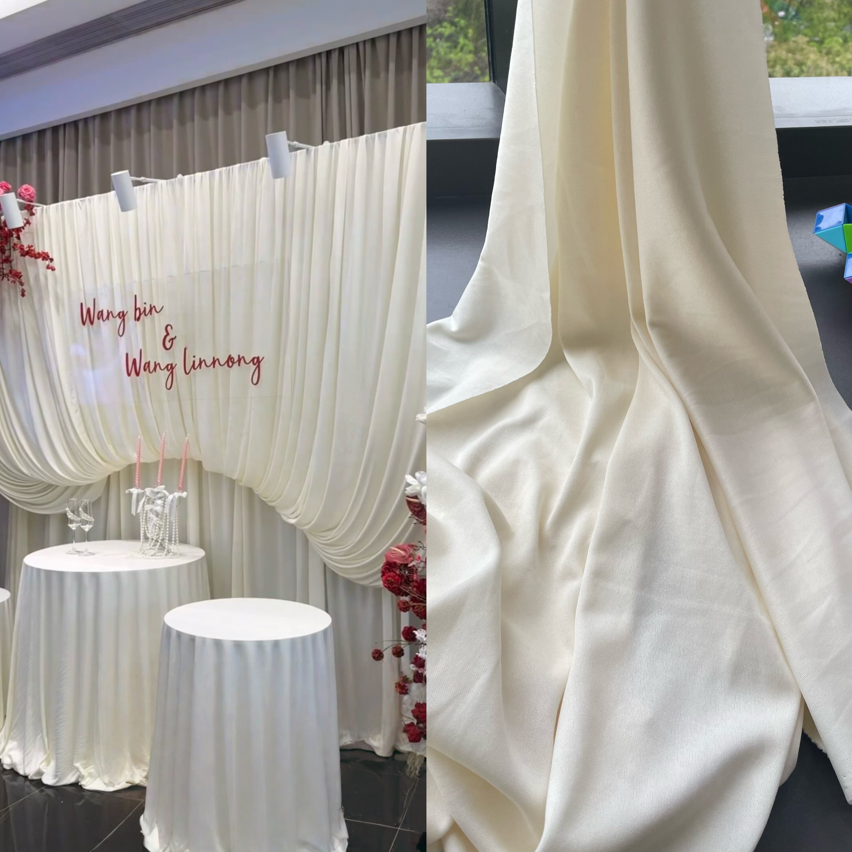 奶油色香槟色韩式婚礼婚庆现场布置垂感布幔吊顶装饰迎宾区背景布
