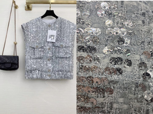 小香风布料 意产进口C家同款 银色珠片 手工编织 粗花呢服装面料