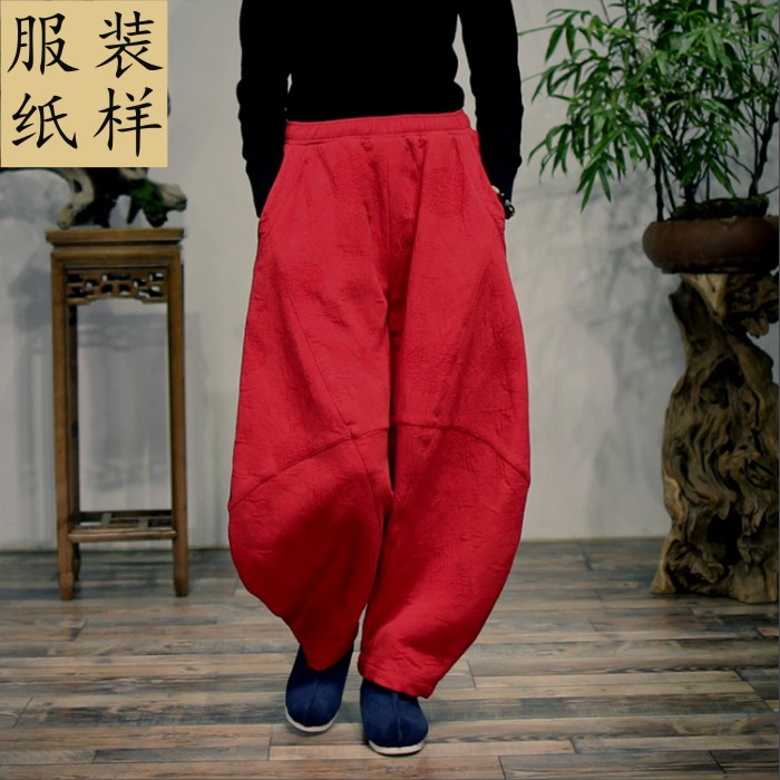 女装中式棉麻松紧腰灯笼休闲大腿裤纸样1比1缝纫牛皮纸板服装样板