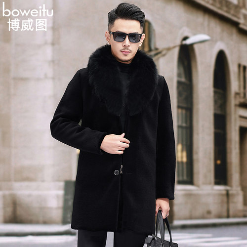 冬季皮毛一体加厚羊剪绒大衣男大毛领皮衣中长款新款仿皮草外套