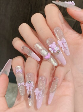 小熊芭蕾仙气紫色蕾丝蝴蝶结美甲成品温柔手工穿戴甲