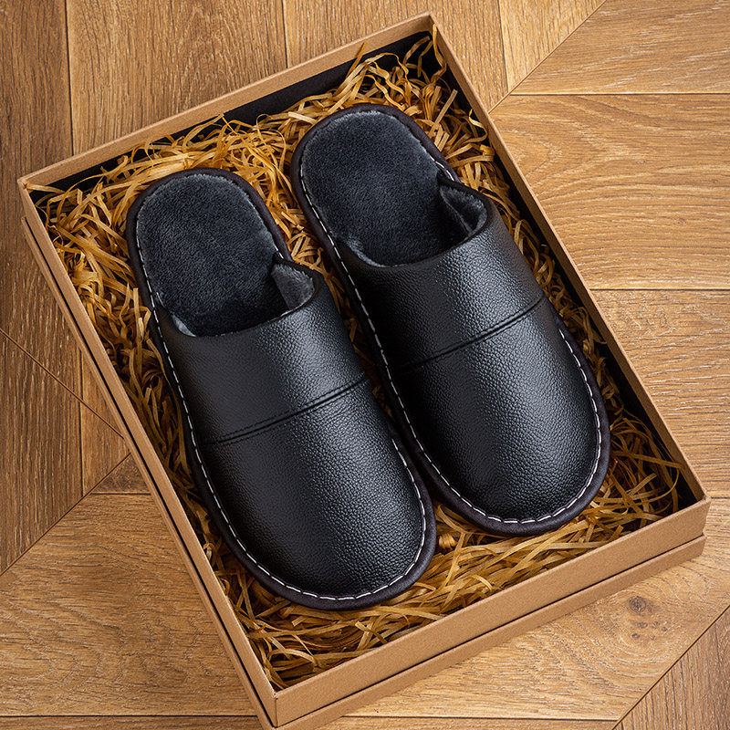 秋冬季牛皮棉拖鞋男女居家用厚底室内防滑防水真皮面冬天保暖拖鞋