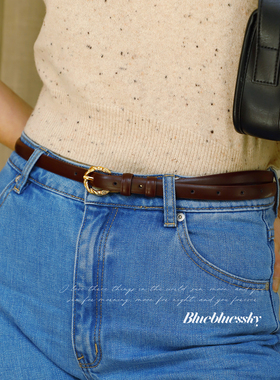 BluebluesSky双面牛皮复古扭纹腰带 百搭Vintage设计女士皮带