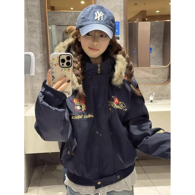 美式刺绣徽章可拆帽加厚棉服男