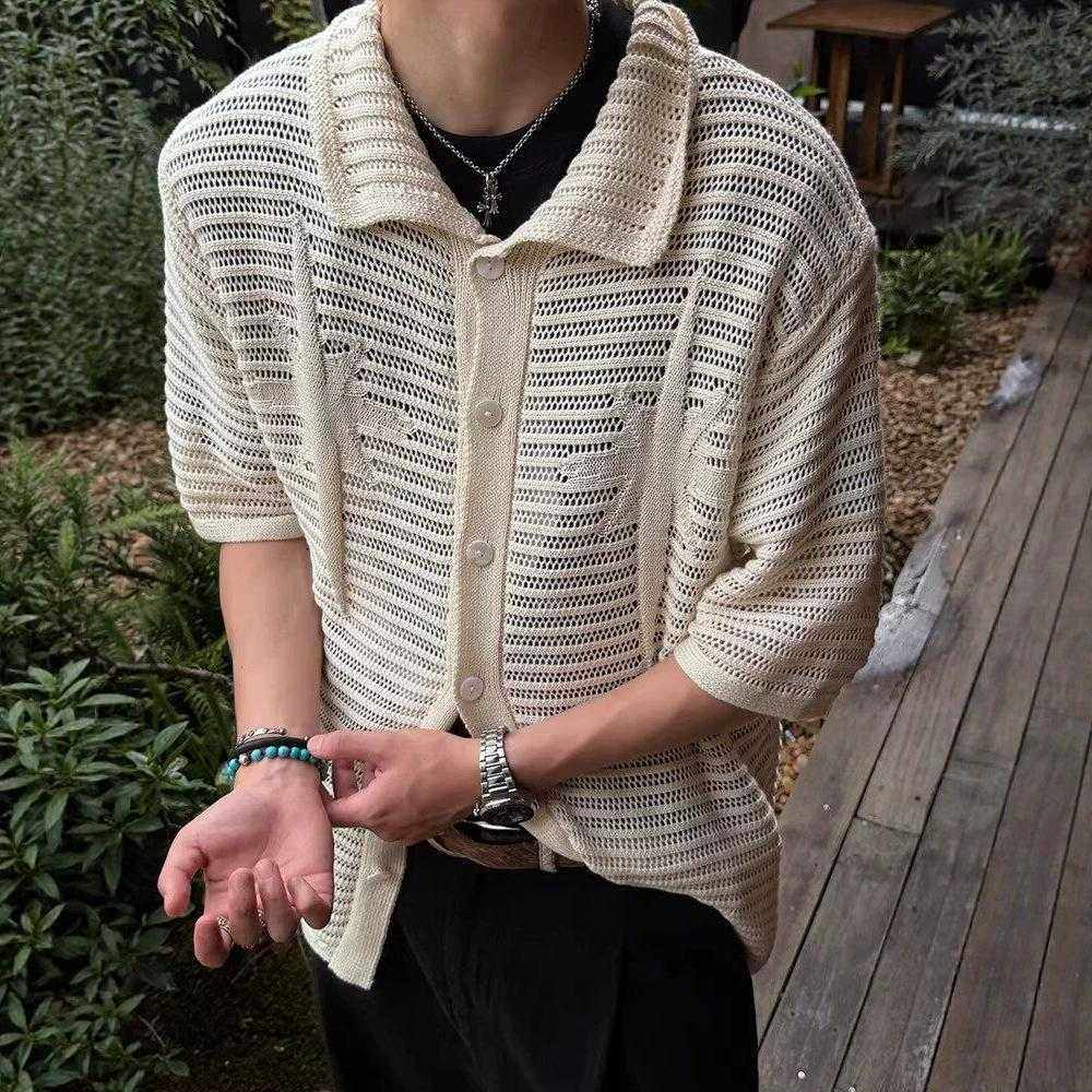 老钱风复古cleanfit慵懒镂空薄款开衫衬衫男款夏季高级感针织短袖