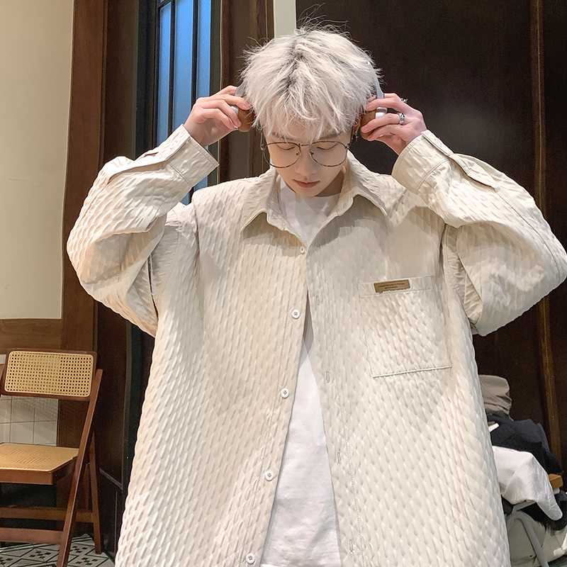 秋季纹理感长袖衬衣男满印提花潮流衬衫外套男士休闲百搭痞帅港风