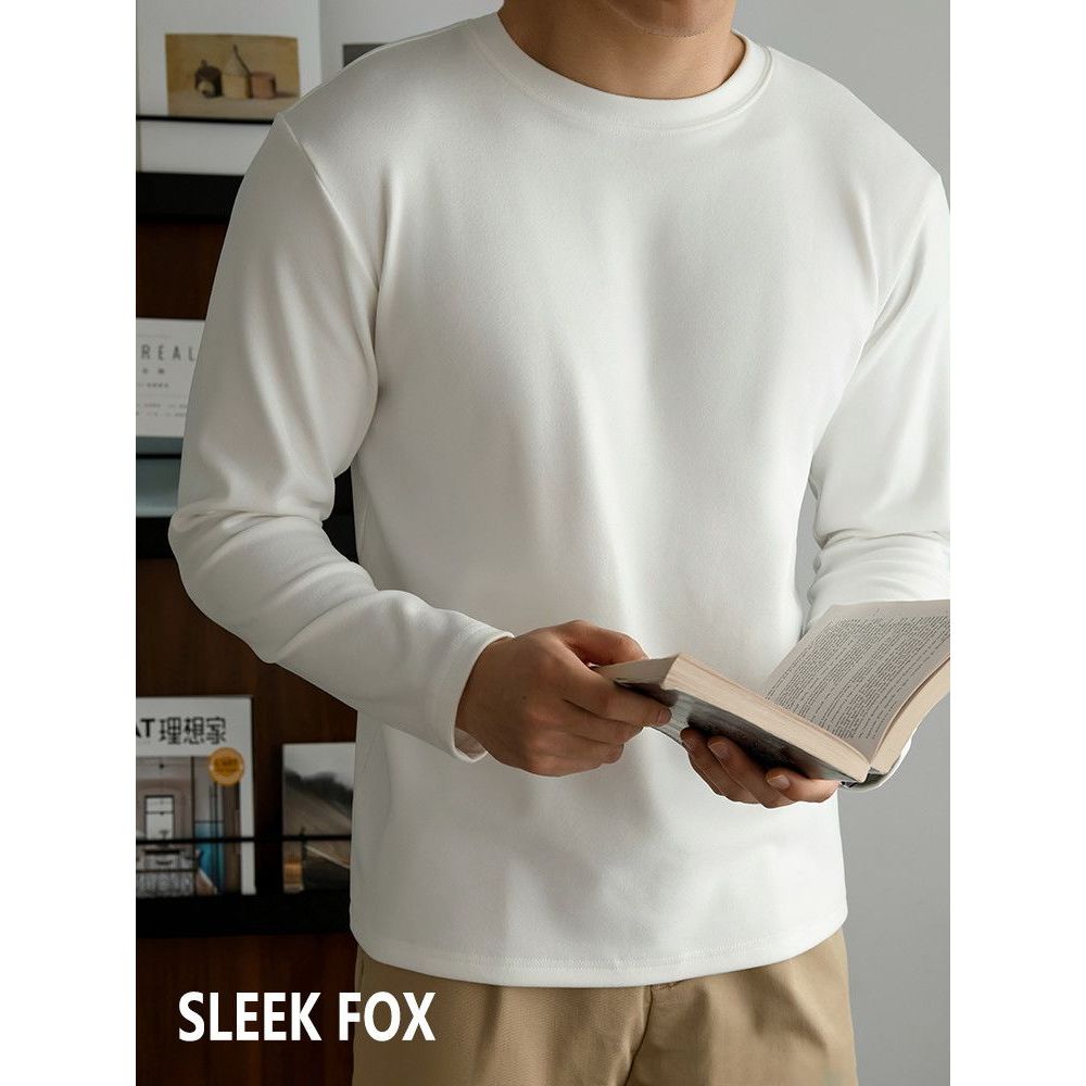 220克德绒白色男士纯色长袖T恤秋季圆领秋冬双面德绒保暖打底内搭