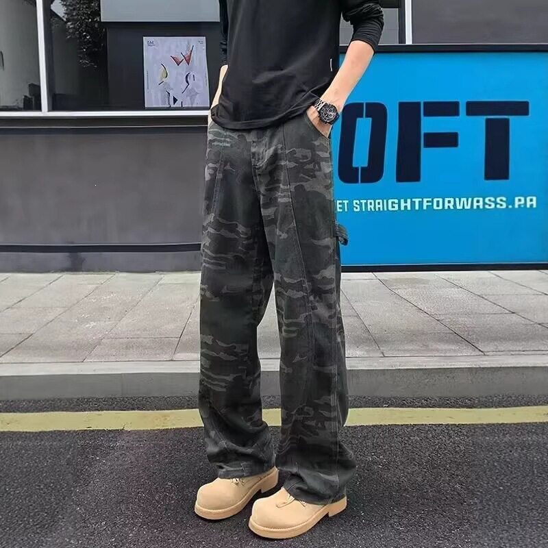 秋季新款潮牌美式复古迷彩直筒牛仔裤男街头宽松潮流百搭休闲长裤