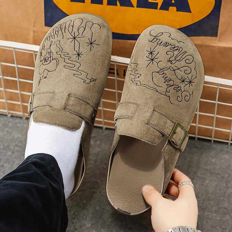 欧式插画勃肯拖鞋男款春夏休闲一脚蹬包头博肯外穿老钱风穆勒鞋子