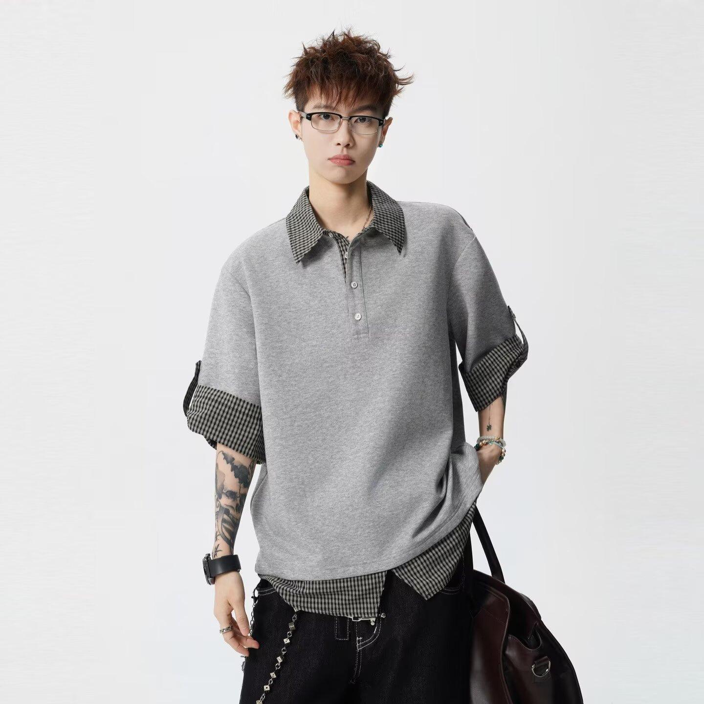 假两件POLO衫短袖男生秋季新款拼接设计感正肩T恤潮牌情侣五分袖