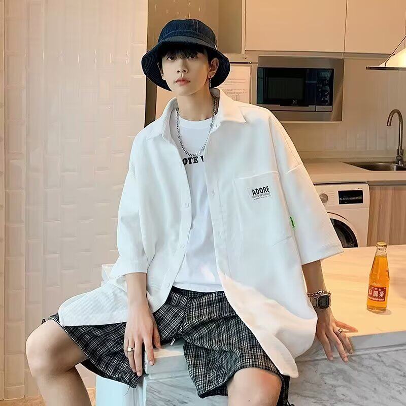 华夫格衬衫男士夏季套装休闲青少年外套半袖衬衣男装一套搭配帅气