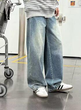 蓝色复古水洗牛仔裤男生2026新款韩版潮流宽松阔腿休闲长裤子男装