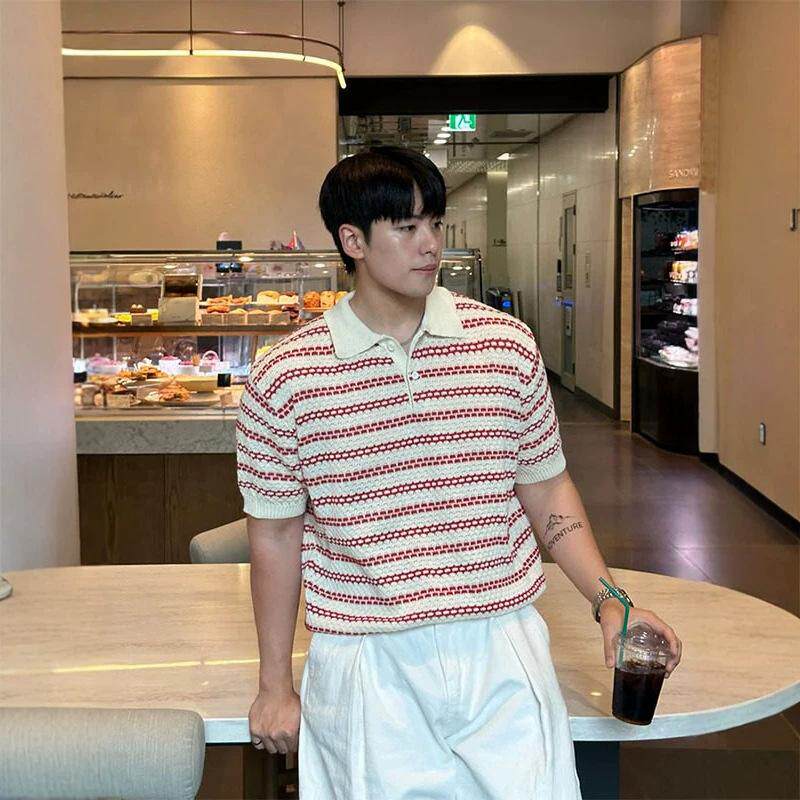 酒红色针织条纹t恤男款夏季轻熟风翻领正肩短袖高级感polo衫半袖