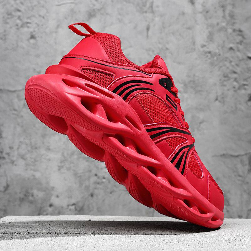 麻花底飞织网面鞋透气男士休闲运动鞋轻便软底减震黄色红色跑步鞋