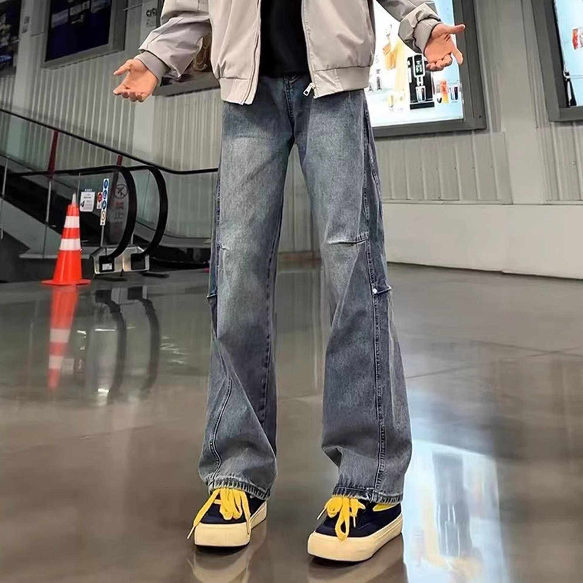 美式高街解构铆钉工装牛仔裤男士cleanfit潮牌伐木裤直筒微喇长裤