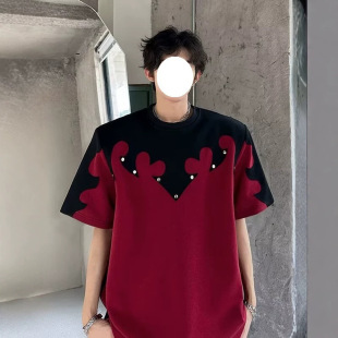 黑红撞色拼接烫钻垫肩短袖男款夏季小众设计感T恤痞帅高级感半袖