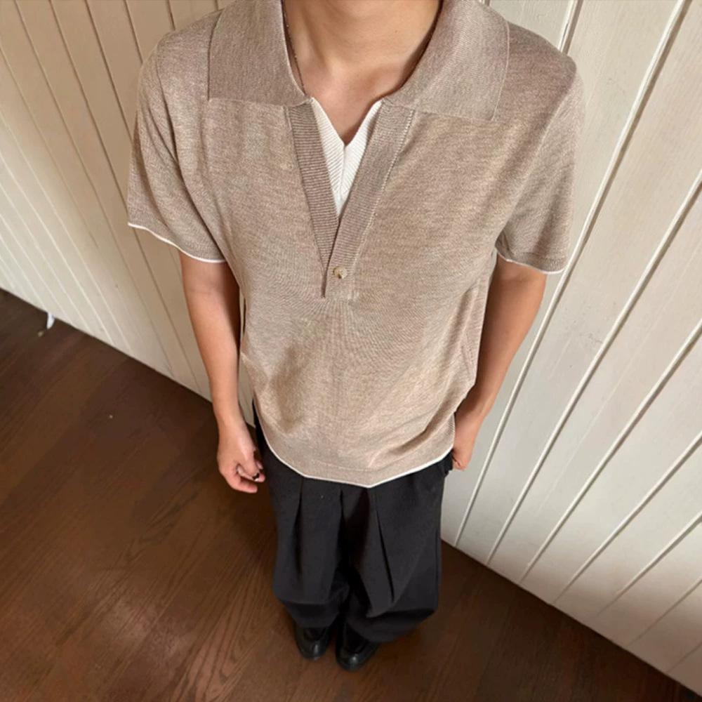 新贵老钱风V领针织短袖POLO衫男款秋季轻奢羊毛混纺假两件半袖T恤