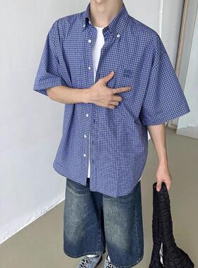秋季新款韩系复古宽松蓝色格子短袖衬衫男女休闲百搭刺绣衬衣外套