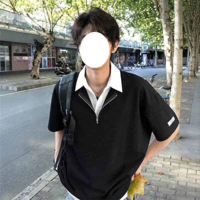 白色假两件衬衫领polo衫短袖男美式半拉链翻领t恤高级感情侣半袖