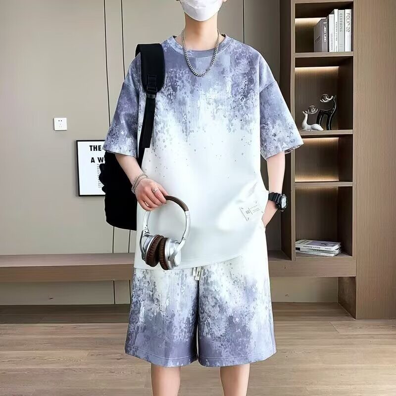 扎染冰丝渐变套装男夏季潮牌休闲穿搭一套衣服搭配短袖短裤两件套