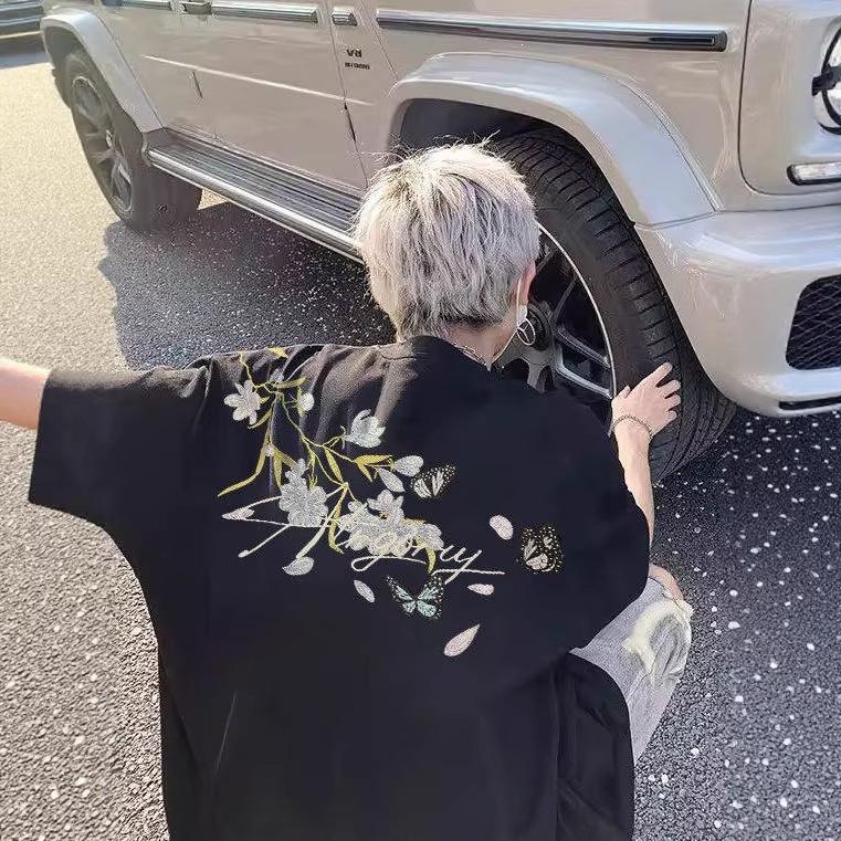 纯棉新中式刺绣藤蔓花卉短袖t恤男款秋季新款情侣款休闲半袖体恤