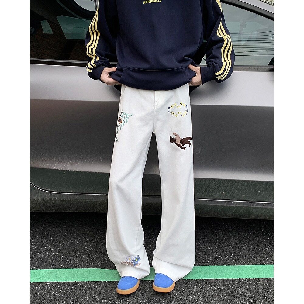 白色刺绣牛仔裤男女冬季美式裤子