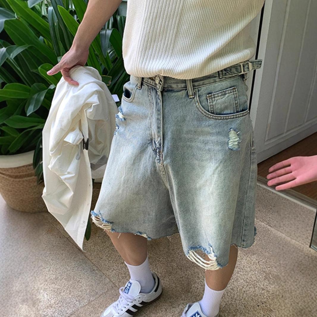 跨境美式复古水洗做旧破洞牛仔短裤男秋季痞帅休闲宽松阔腿五分裤