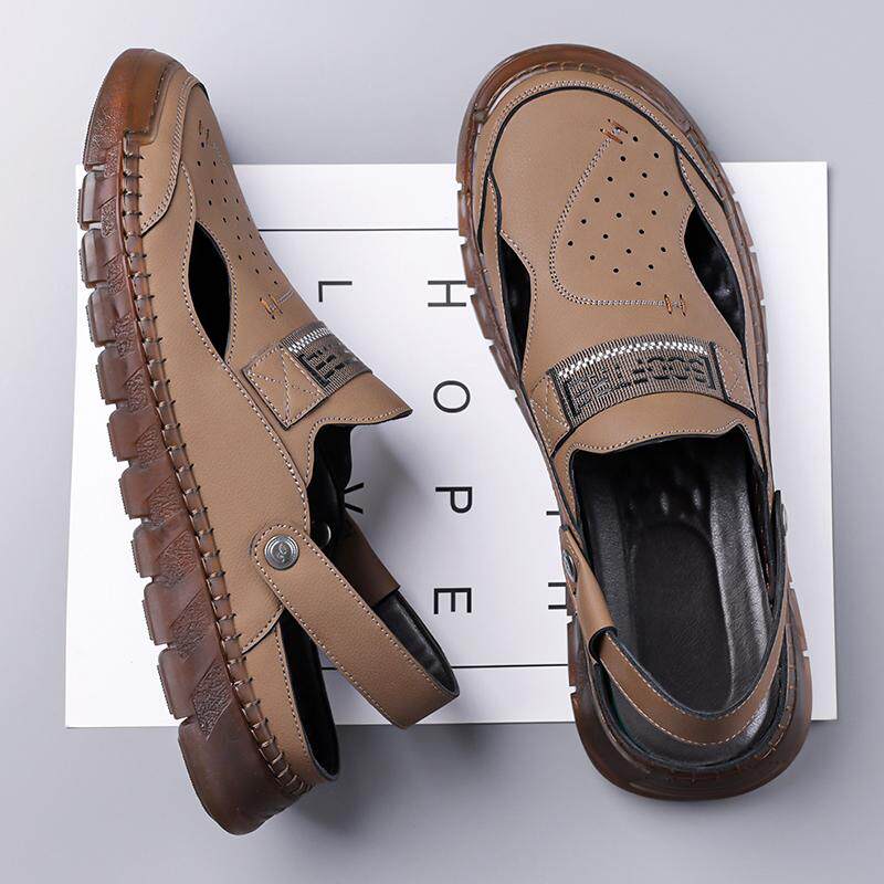 凉鞋男款2025新款爸爸软底夏季男士外穿包头洞洞鞋真皮镂空中老年