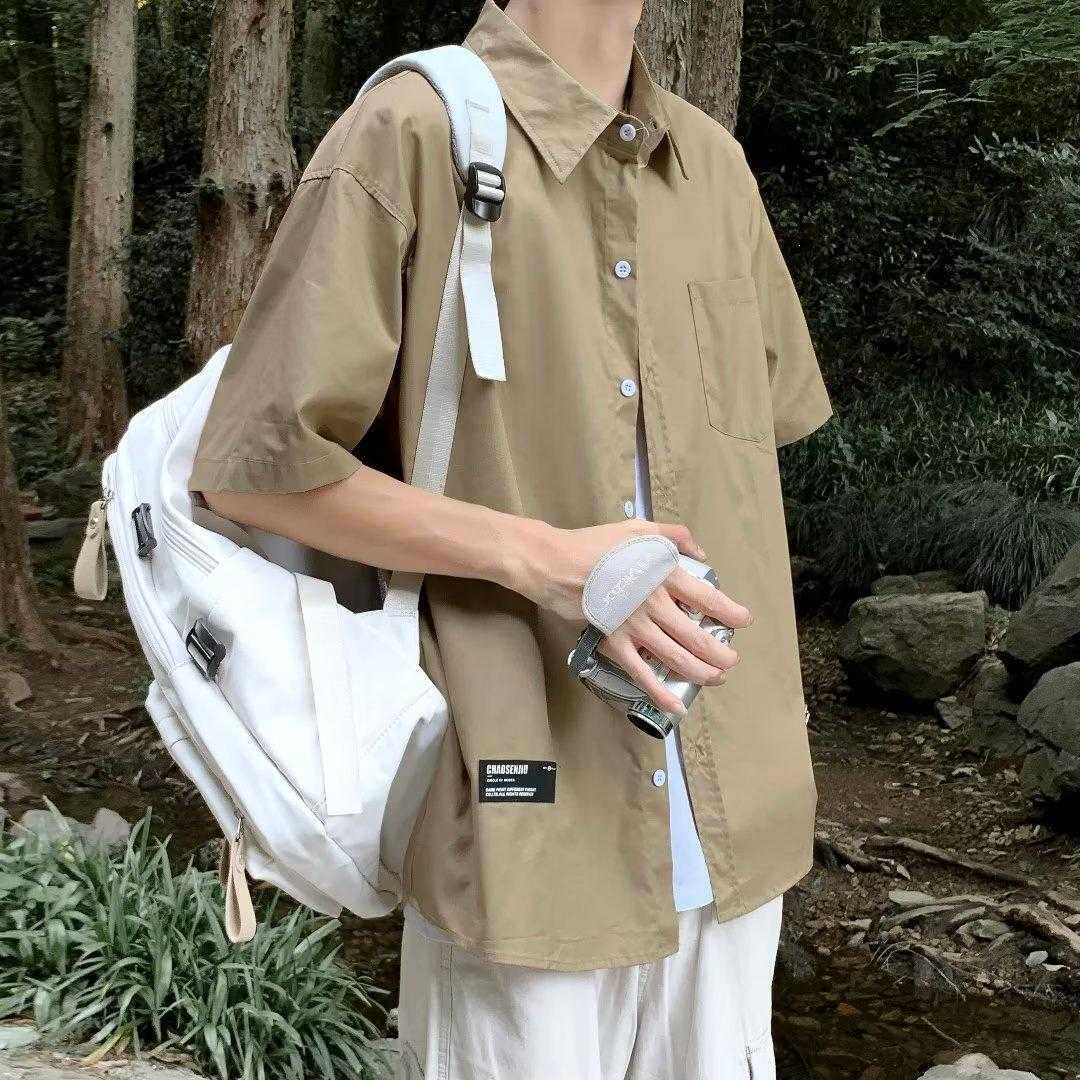 日系夏季新款短袖衬衫男款潮流帅气宽松休闲学生五分袖工装衬衣潮
