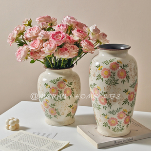 美式 饰摆件高级感 复古原创设计冰裂陶瓷花瓶田园风客厅水养插花装