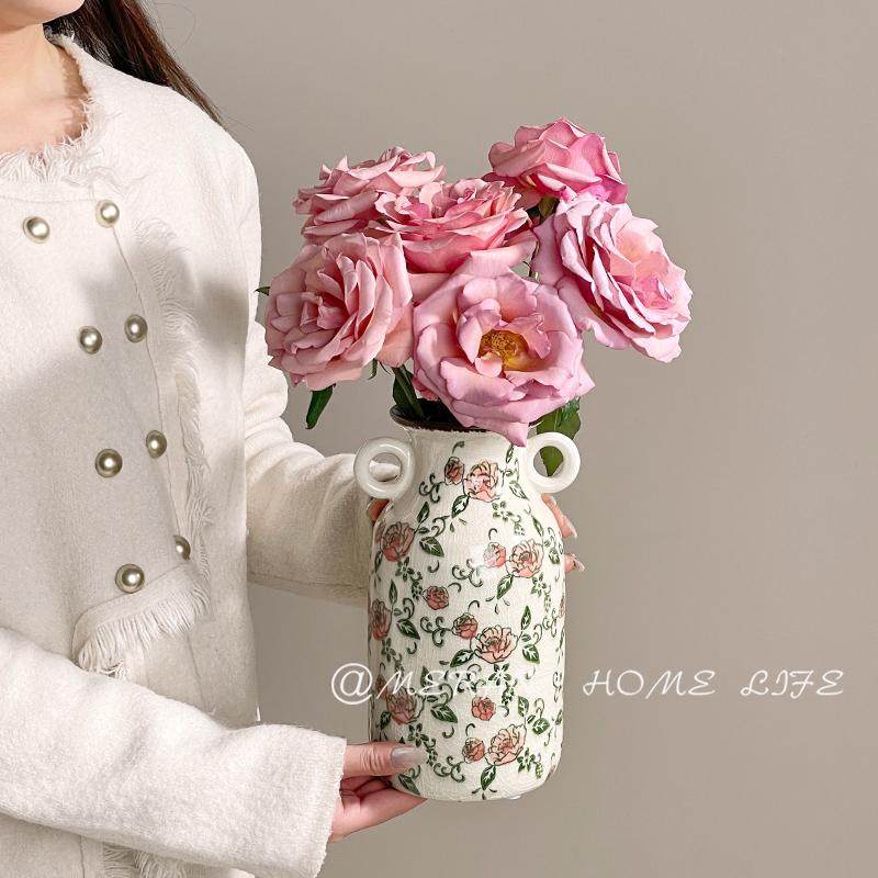 复古田园青花陶瓷花瓶冰裂古典花器双耳红花客厅水培插花装饰摆件