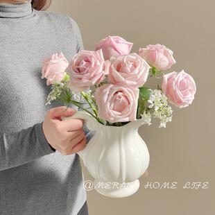 法式奶油风奶壶陶瓷花瓶摆件客厅插花水养玫瑰鲜花高级感插花花瓶