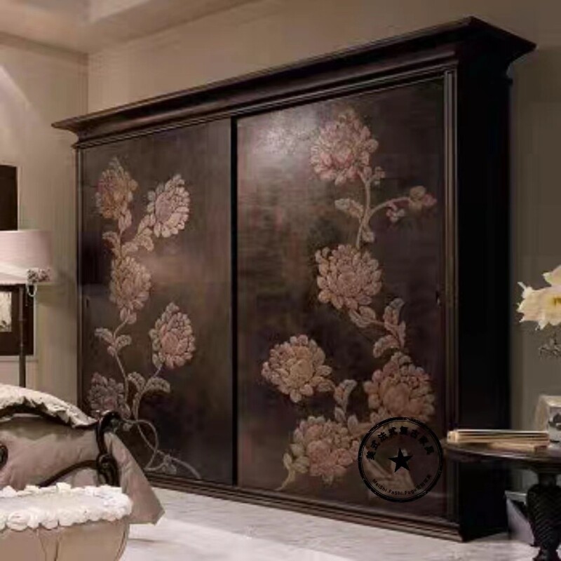 美式主卧室衣柜复古衣柜移门法式手绘衣橱实木古典柜子衣帽间定制