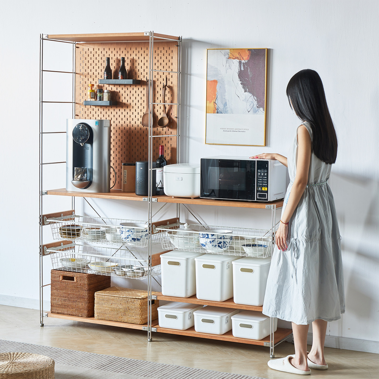 舒隔无印置物架厨房微波炉不锈钢实木收纳置物架落地洞洞板餐边架