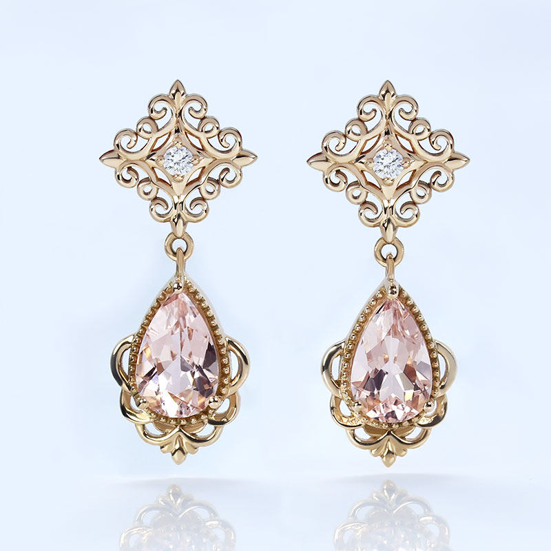 18K玫瑰金香槟色天然摩根石水滴耳坠 彩金钻石粉色复古耳环耳钉女