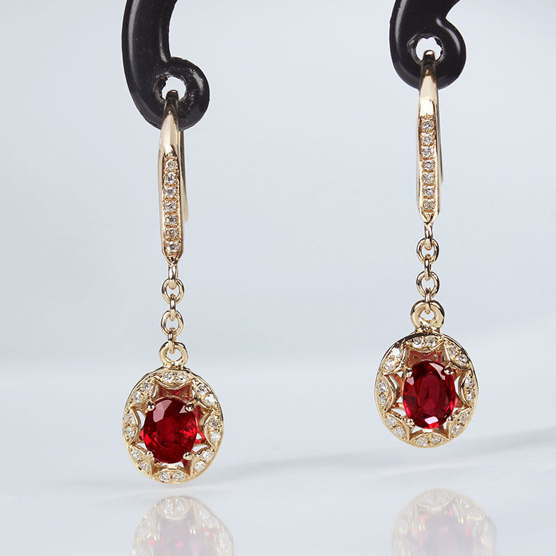 18K玫瑰金天然鸽血红宝石耳坠耳环耳勾 黄金伴钻石复古女耳链定制