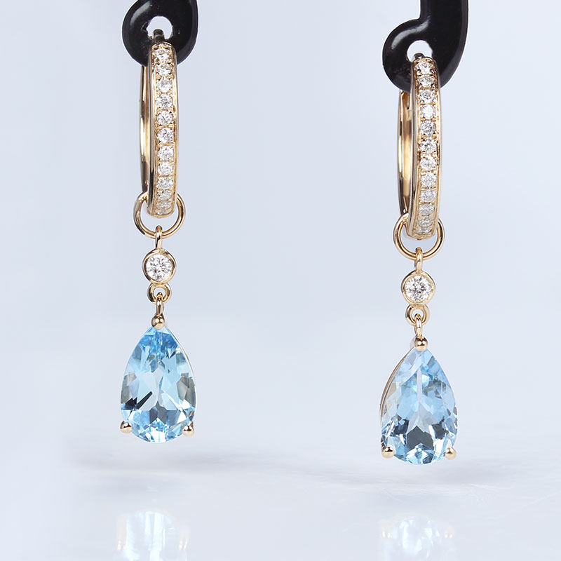 18K玫瑰金天然海蓝宝摩根石水滴耳环 彩金镶钻石多用可拆卸耳坠女