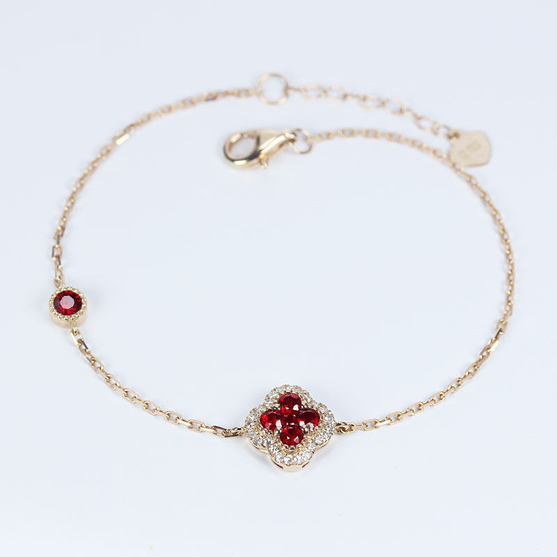 G18K玫瑰金天然鸽血红宝石四叶草手链 黄金钻石可调节时尚女款